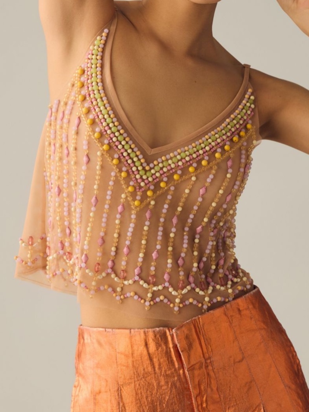 Anthropologie Sheer Beaded Pastel Tank size M/L